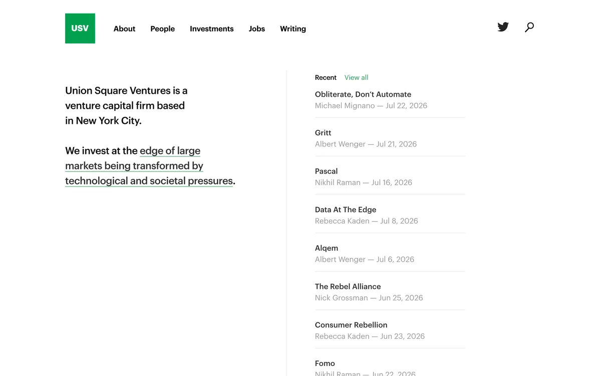 1. Union Square Ventures homepage